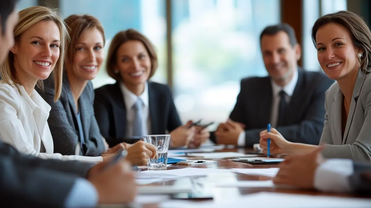 Dubai Business Setup - Professionals in a meeting around a table with papers and smartphones.