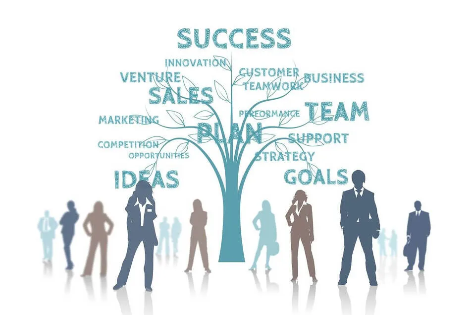 Dubai Business Setup - Silhouettes of professionals with a tree backdrop containing business-related words forming branches.